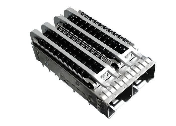 Tekan Fit 2 Ports Ganged SFP Cage Wanita Dengan Heat Sink Light Pipes